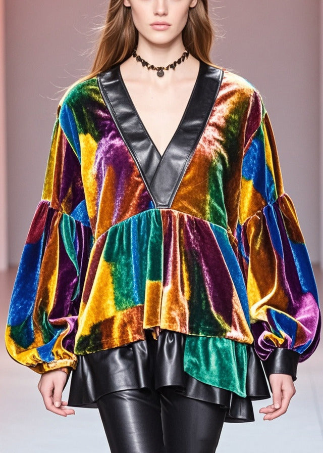 Diy Gradient Color V Neck Patchwork Exra Large Hem Silk Velour Shirt Top Fall