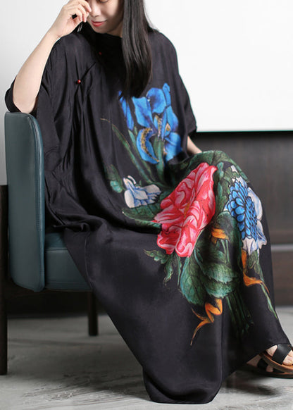 Black Stand Collar Asymmetrical Blue Print Silk Loose Dress Batwing Sleeve