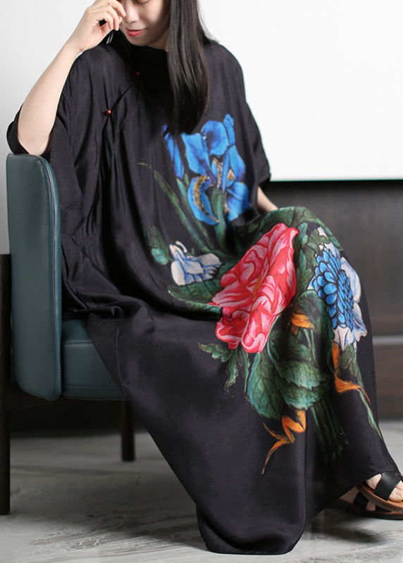 Black Stand Collar Asymmetrical Blue Print Silk Loose Dress Batwing Sleeve