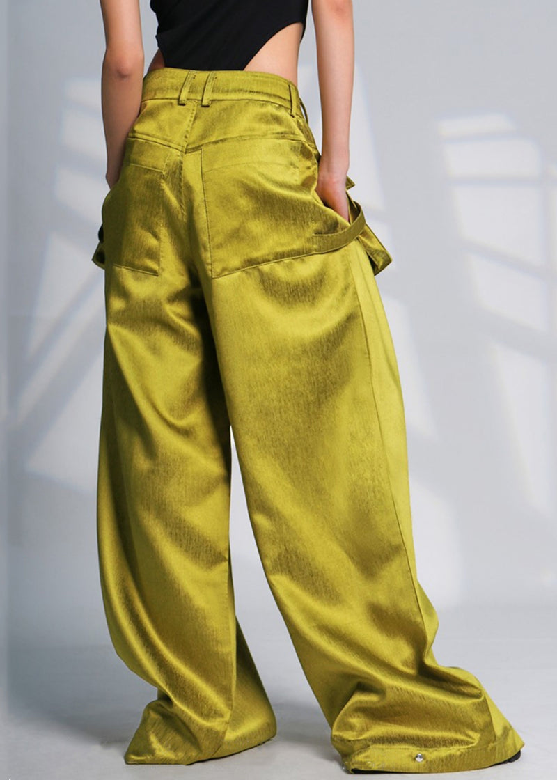Green Pockets High Waist Cotton Wide Leg Pants Spring