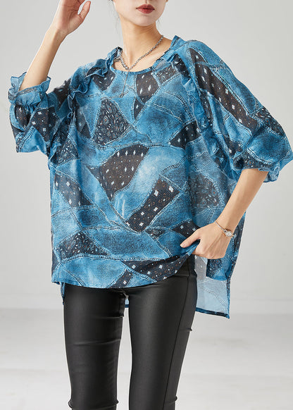 Blue Ruffled Print Chiffon Tanks Fall
