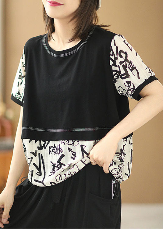 Classy Black White Patchwork O-neck Letter Print Fake Two Piece Top Summer
