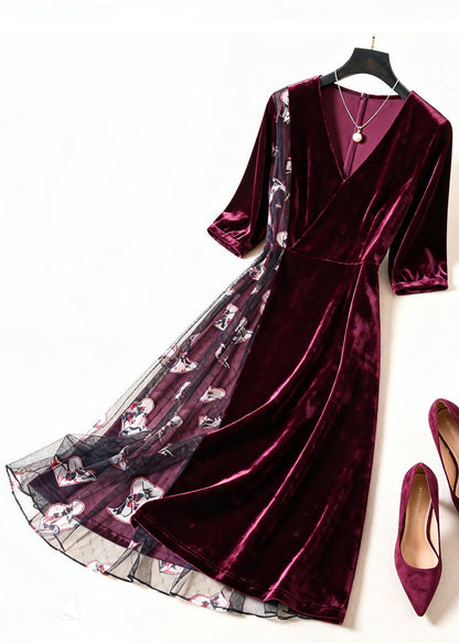 Wine Red Print Tulle Patchwork Silk Velvet Dress Summer