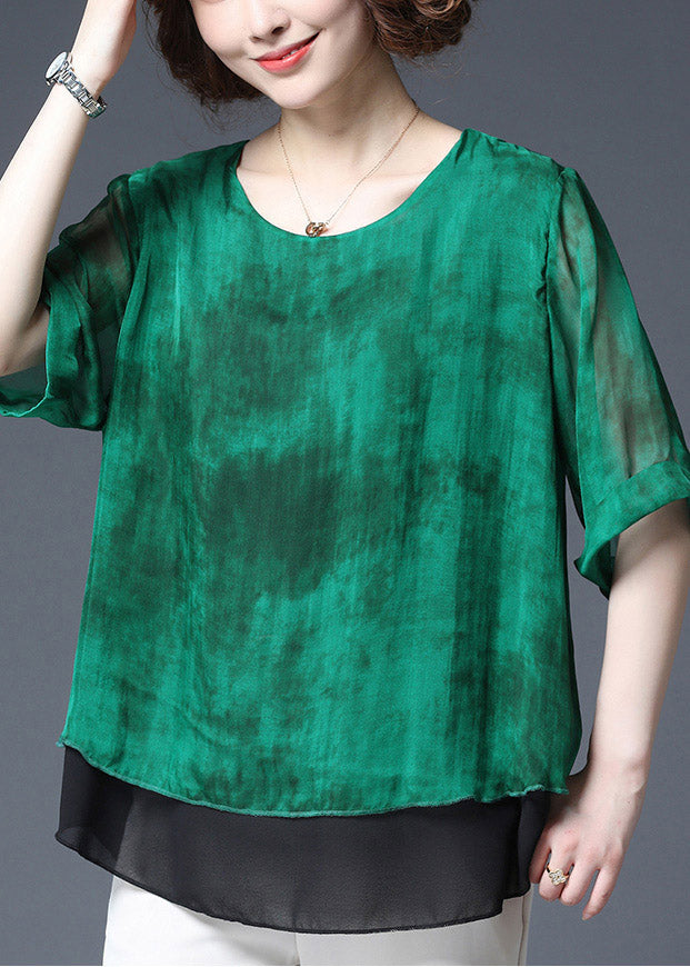 Green Layered Design Chiffon Tops Side Open Half Sleeve