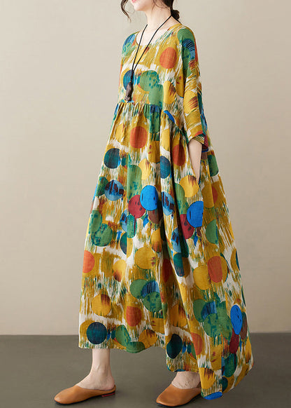 Red O-nec Print Wrinkled Maxi Dresses Half Sleeve