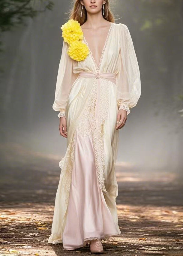 Classy V Neck Lace Patchwork Chiffon Dresses Spring