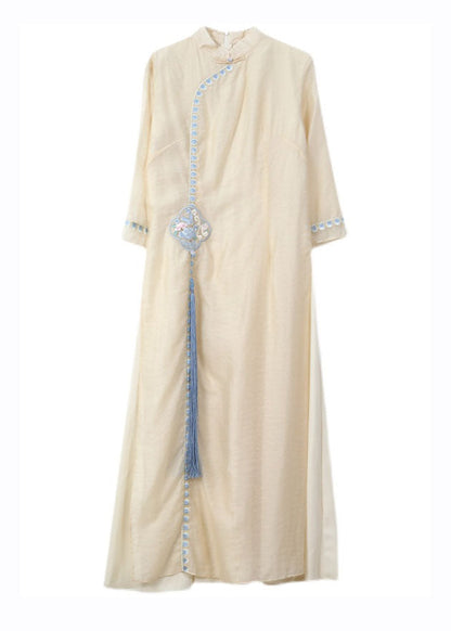 Stylish Apricot Stand Collar Embroideried Tassel Silk Long Dresses Spring