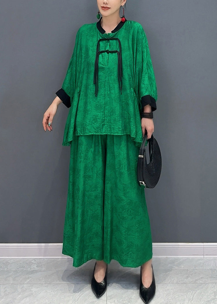 Chinese Style Green Stand Collar Shirts and Wide Leg Pants Two Piece Set Fall
