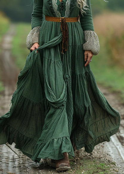 Green Lace Wrinkled Patchwork Cotton Long Dress Spring