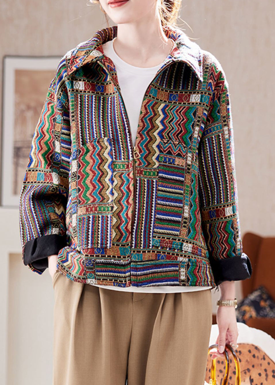 Handmade Peter Pan Collar Print Zippered Coats Spring