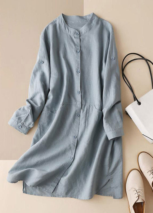 Blue Stand Collar Button Side Open Shirt Dresses Long Sleeve