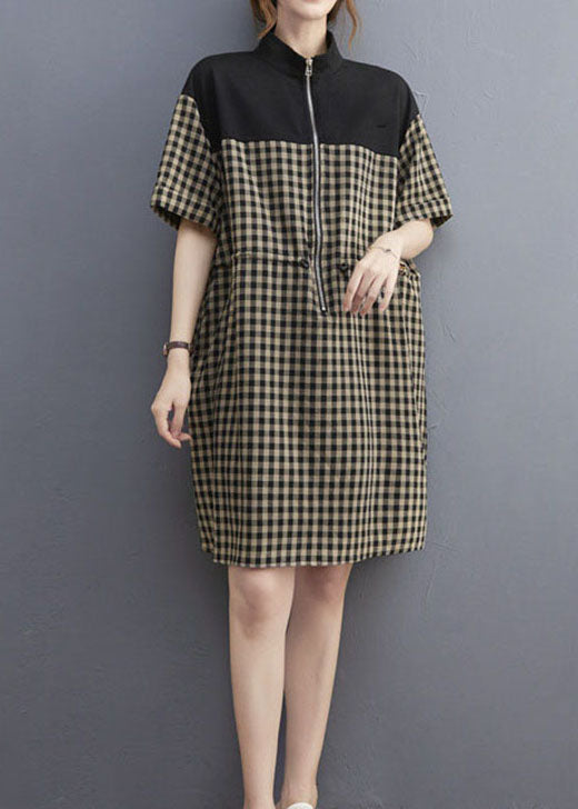Stylish Black Zip Up Plaid Drawstring Dresses Short Sleeve