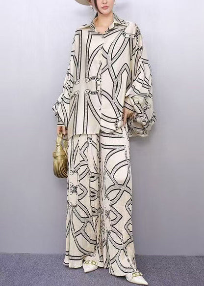 White Oversized Print Silk Two Piece Set Outfits Batwing Sleeve
