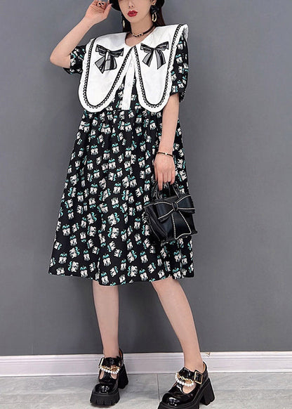 Black Peter Pan Collar Bow Print Chiffon a Line Dresses Short Sleeve