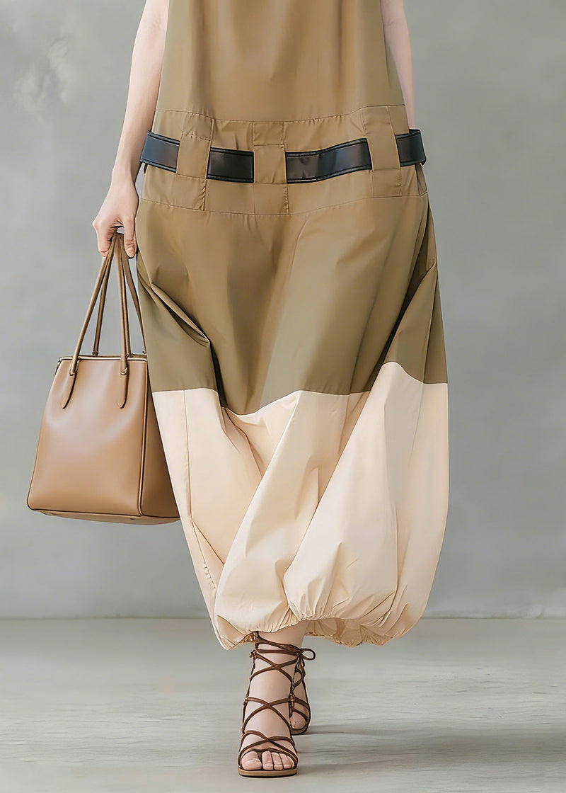 French Khaki Pockets Patchwork Cotton Dress Sleeveless Summer