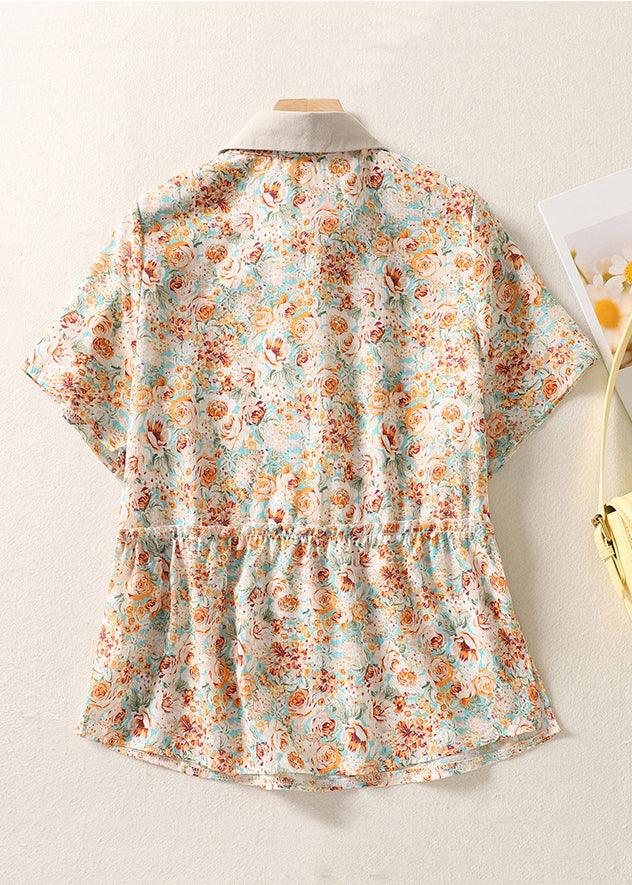 Orange Peter Pan Collar Print Cotton Shirt Summer
