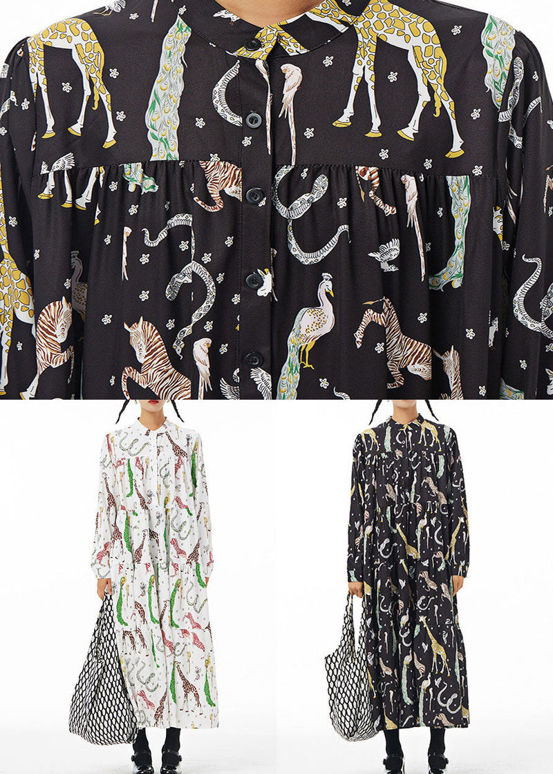 Black Stand Collar Animal Print Patchwork Cotton Shirts Dress Spring