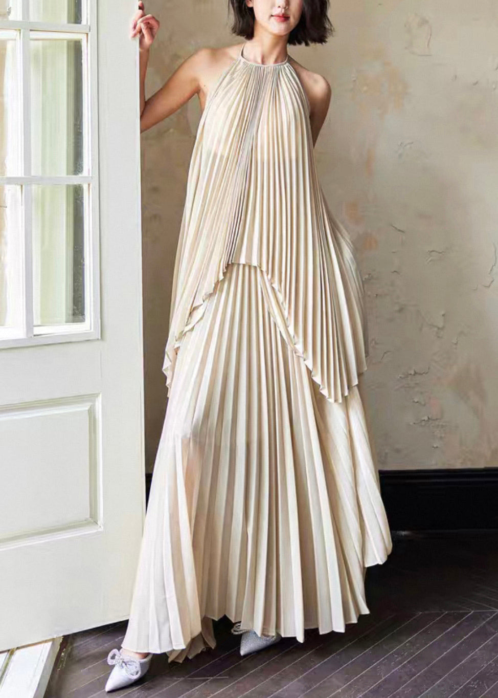 Backless Wrinkled Tops and Skirts Chiffon Two Piece Set Sleeveless