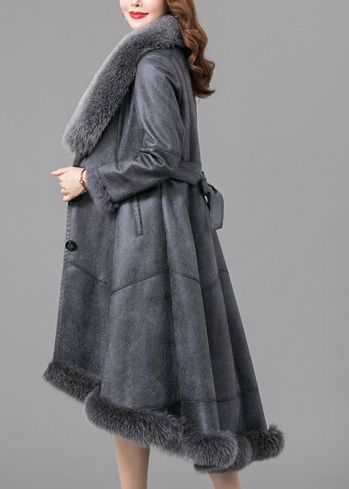 Grey Silm Fit Fuzzy Rabbit Leather and Fur Jacket Fox Collar Winter