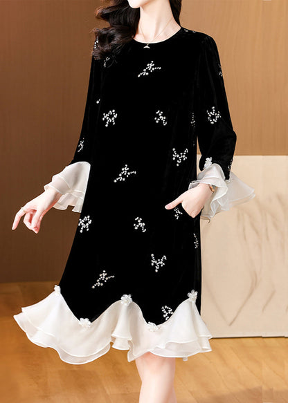 Loose Black Embroidered Patchwork Silk Velour Dress Flare Sleeve Spring