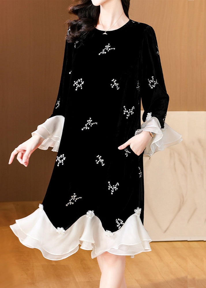 Loose Black Embroidered Patchwork Silk Velour Dress Flare Sleeve Spring