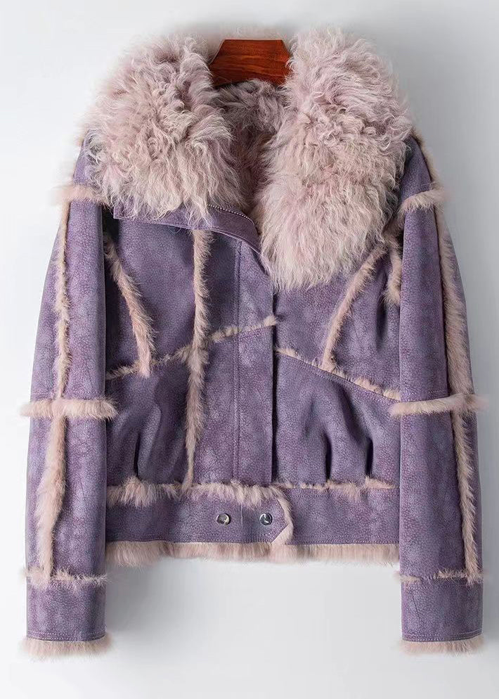 Dark Grey Rabbit Hair Collar Zippered Patchwork Leather and Fur Coat Winter