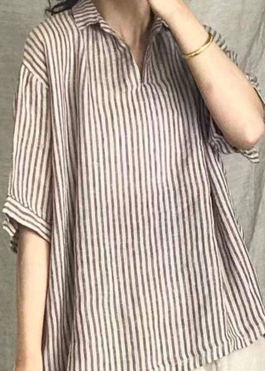 Grey V Neck Striped Linen Top Short Sleeve