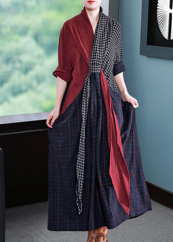 Long Sleeve V-neck Loose Plaid Patchwork Maxi Dress
