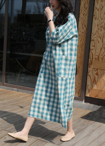 Plaid O-neck Pockets Side Open Dress Long Sleeve