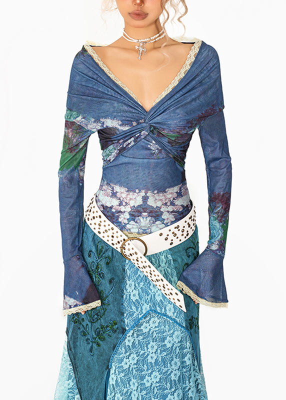 Blue V Neck Print Lace Patchwork Tulle Shirt Flare Sleeve