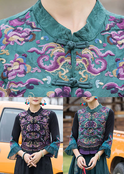 Black Stand Collar Embroideried Linen Waistcoat Fall