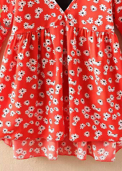 Unique Red V Neck Chiffon Shirt Tops Flare Sleeve