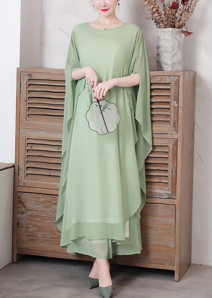 Loose Pea Green O-neck Chiffon Maxi Dresses Spring