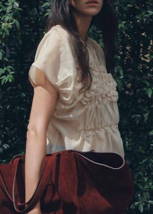 Apricot O-neck Wrinkled Chiffon Top Summer