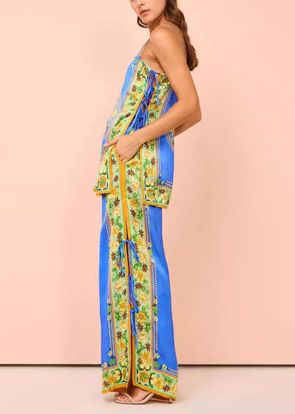 Blue Print Patchwork Tasseel Top and Wide Leg Pants Two Pieces Set Summer