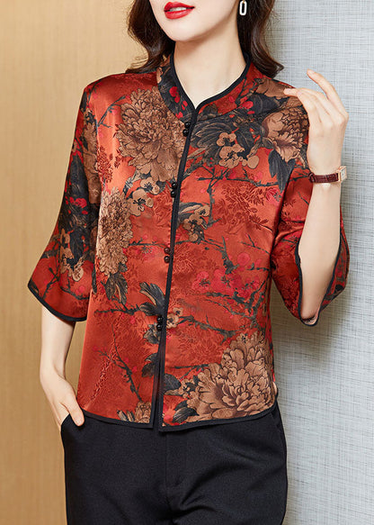 White Geometry Mandarin Collar Print Silk Shirt Tops Half Sleeve