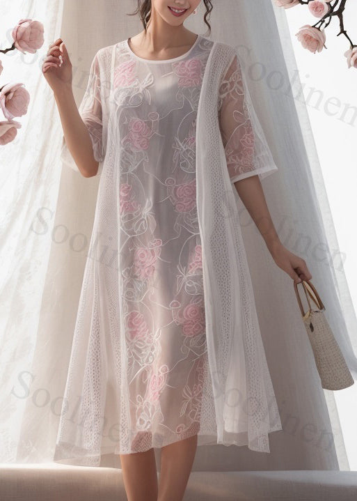 Italian White O-neck Print Patchwork Silk Dresses Summer