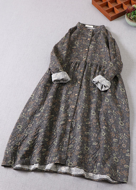 Grey Green Print Cotton Holiday Dress Spring