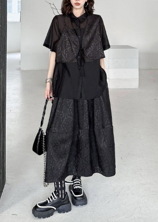 Black Jacquard Lace Up Patchwork Silk Cotton Two Piece Set Summer