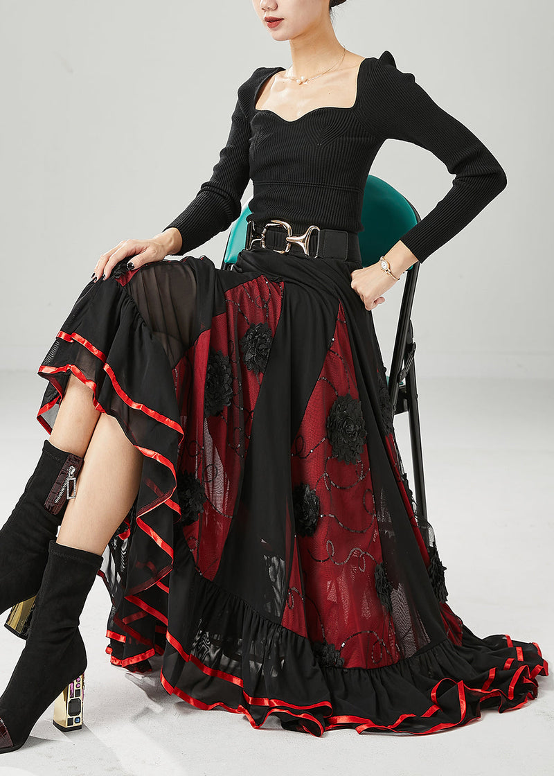 Black Red Patchwork Chiffon Skirt Exra Large Hem Fall
