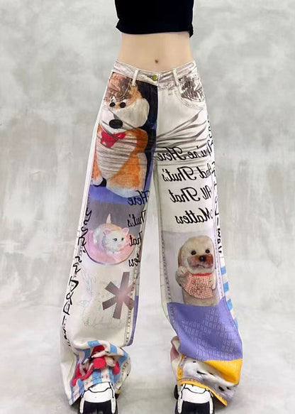 Modern Print Pockets High Waist Denim Pants Summer