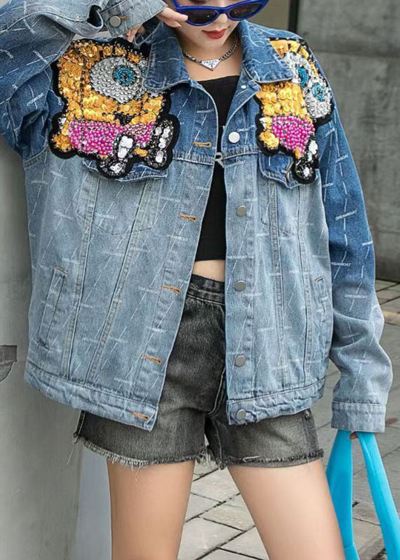 Art Blue Peter Pan Collar Patchwork Button Nail Bead Fall Denim Coat