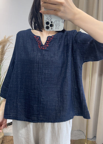 Loose Navy V Neck Patchwork Cotton Top Summer