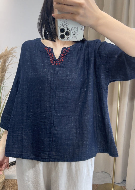 Loose Navy V Neck Patchwork Cotton Top Summer