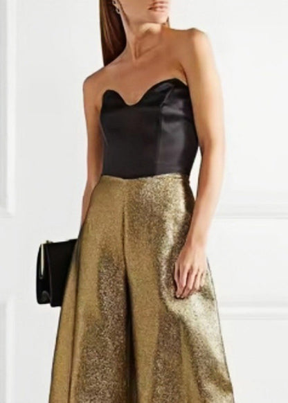 Gold Cold Shoulder Patchwork Wide Leg Jumpsuit Summer