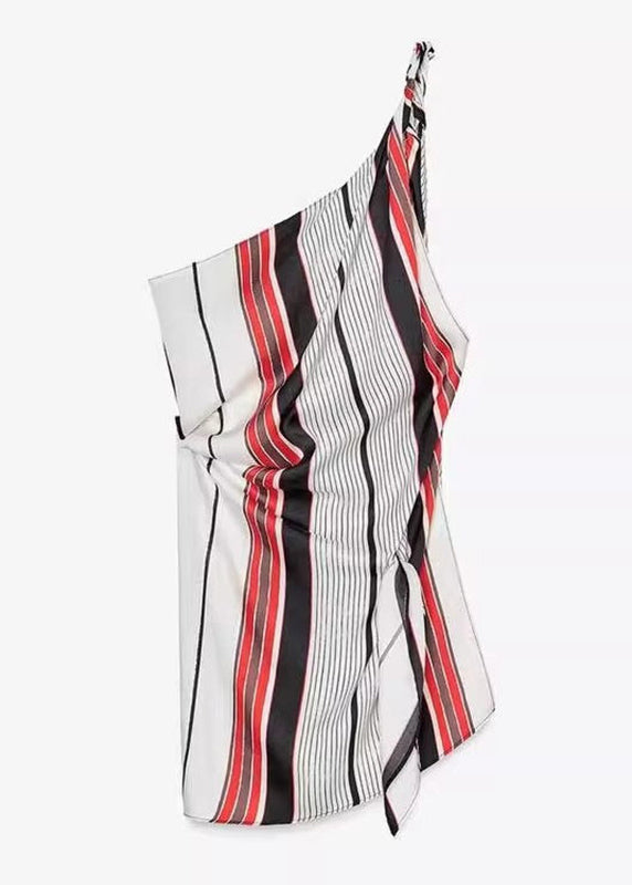 Asymmetrical Striped Tie Waist Shirt Sleeveless