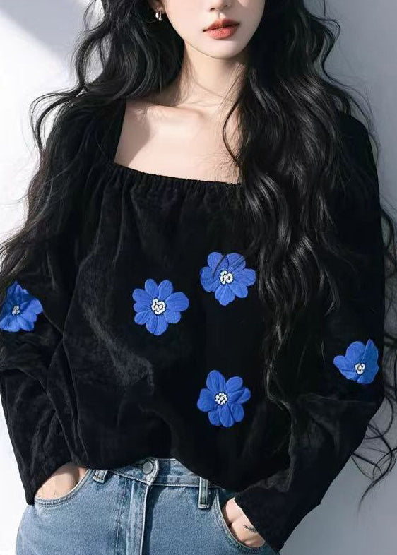 French Black Square Collar Velour Shirt Top Fall