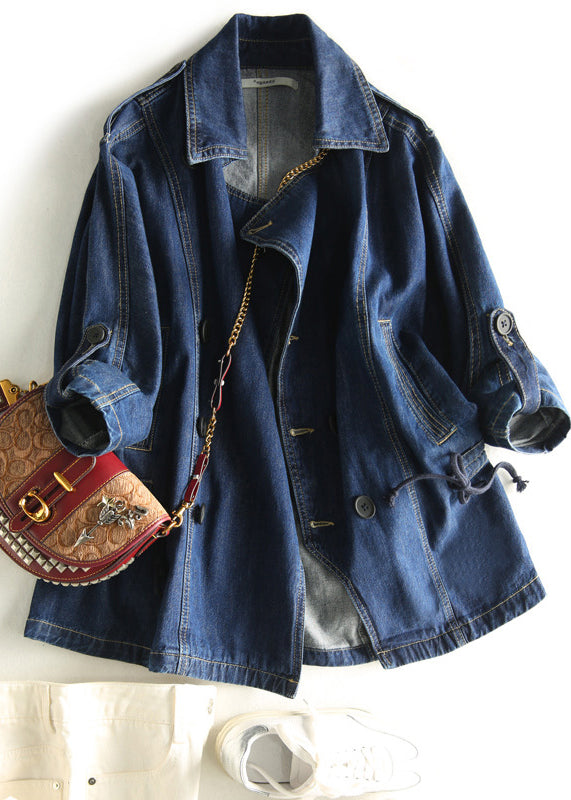 Dark Blue Square Collar Patchwork Button Denim Coats Fall