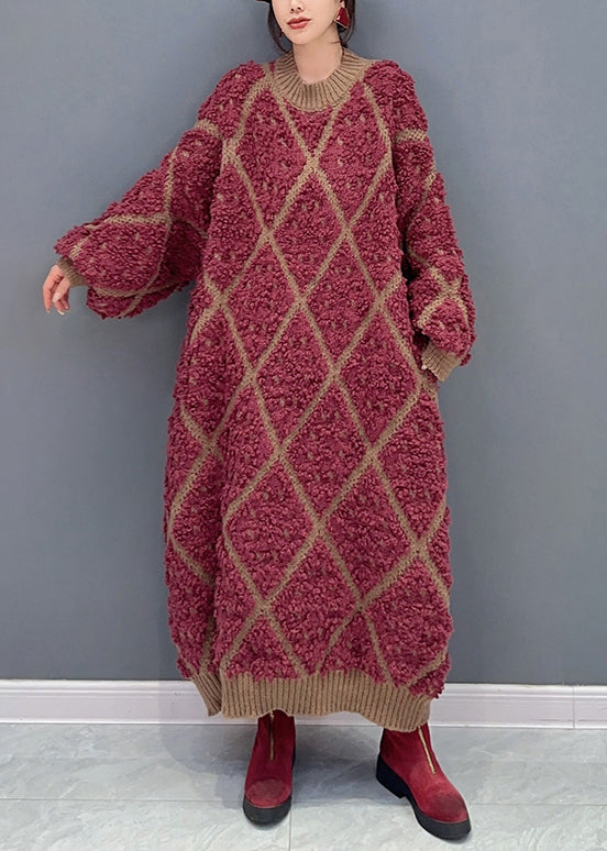 Red O Neck Plaid Patchwork Cotton Knit Dresses Long Sleeve