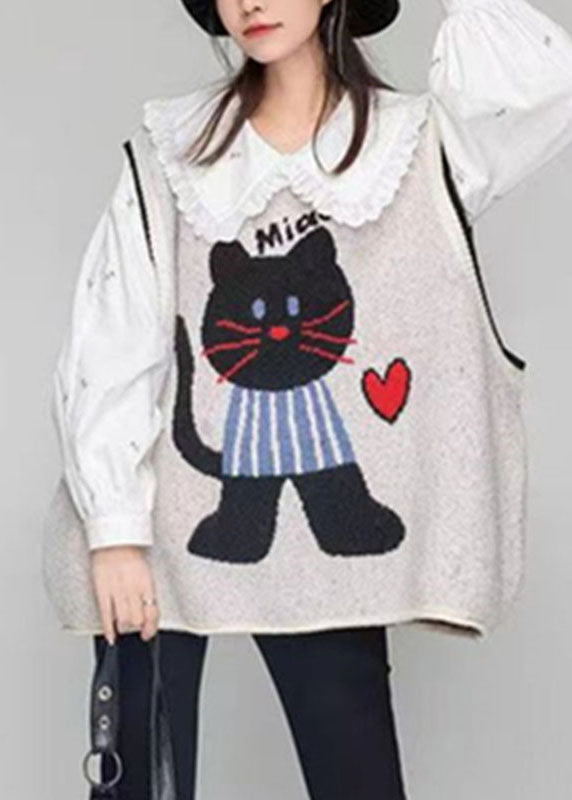Loose Light Grey O-neck Animal Cozy Cotton Knit Waistcoat Fall